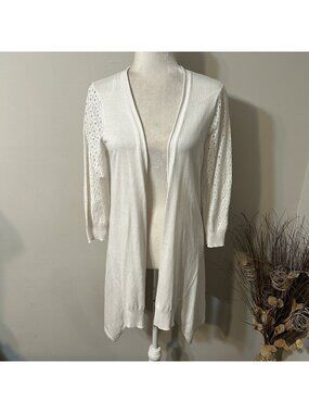 NWT Fever Women Cardigan Duster Ivory 3/4 Sleeve Open Knit Open Front Sz M Flaw
